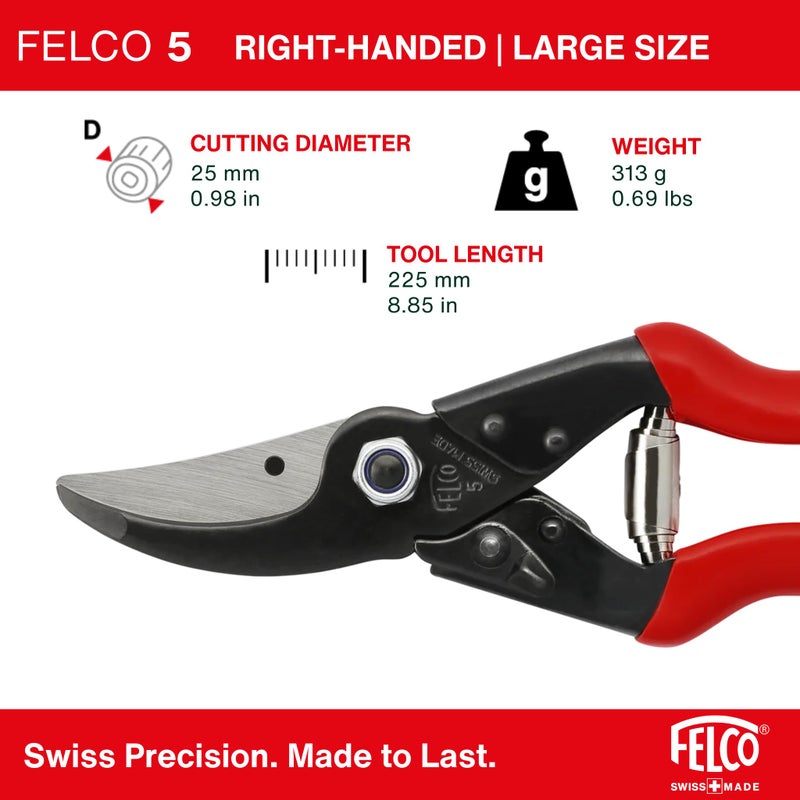 Felco F5 Pruning Shears â€“ 8.9" All Steel Large Swiss-Made Garden Clippers| Hand Pruners for Garden & Landscape | Garden Tool Cutter with Precision Bypass Blade, Forged Aluminum Body, Replaceable Parts - Image 2